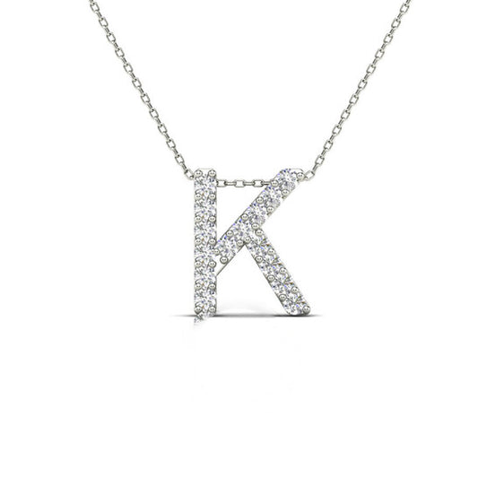 Original Maulijewels 0.12 Carat Natural Diamond Initial " K " Pendant Necklace In 14K White Gold With 18" Gold Cable Chain