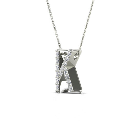 Original Maulijewels 0.12 Carat Natural Diamond Initial " K " Pendant Necklace In 14K White Gold With 18" Gold Cable Chain