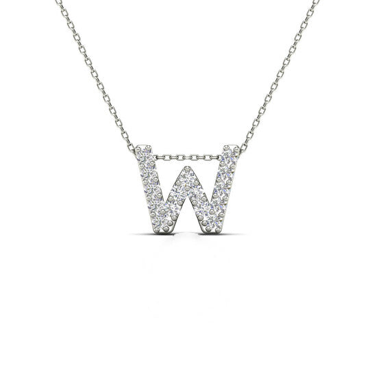 Original Maulijewels 0.15 Carat Natural Diamond Initial " W " Pendant Necklace In 14K White Gold With 18" Cable Chain