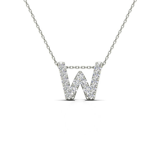 Original Maulijewels 0.15 Carat Natural Diamond Initial " W " Pendant Necklace In 14K White Gold With 18" Cable Chain