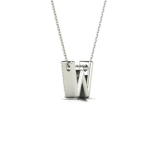 Original Maulijewels 0.15 Carat Natural Diamond Initial " W " Pendant Necklace In 14K White Gold With 18" Cable Chain