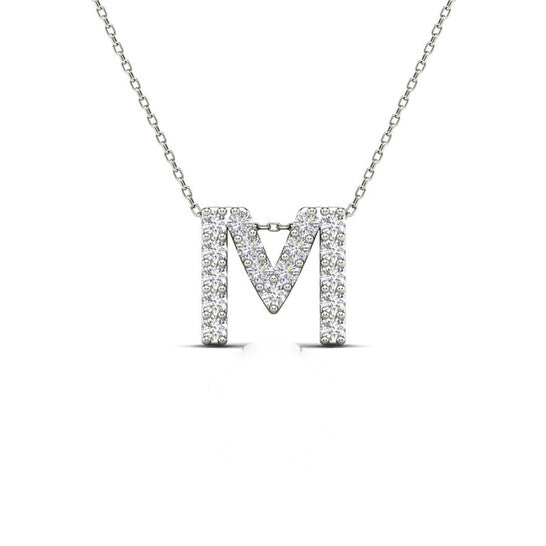 Original Maulijewels 0.17 Carat Natural Diamond Initial " M " Dangle Pendant Necklace In 14K White Gold With 18" Cable Chain