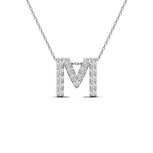 Original Maulijewels 0.17 Carat Natural Diamond Initial " M " Dangle Pendant Necklace In 14K White Gold With 18" Cable Chain