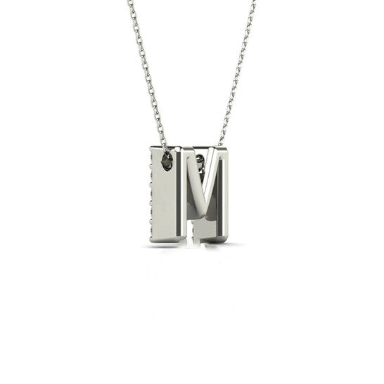 Original Maulijewels 0.17 Carat Natural Diamond Initial " M " Dangle Pendant Necklace In 14K White Gold With 18" Cable Chain