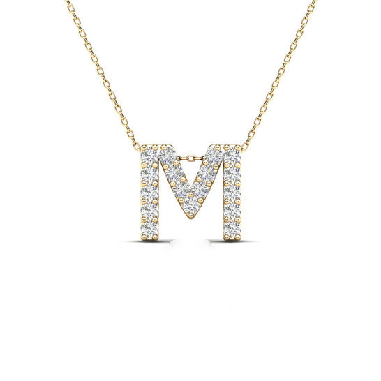 Original Maulijewels 0.17 Carat Natural Diamond Initial " M " Dangle Pendant Necklace In 14K Yellow Gold With 18" Cable Chain