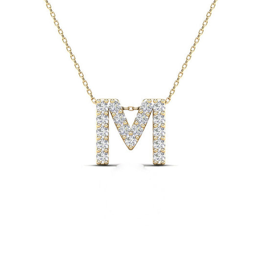 Original Maulijewels 0.17 Carat Natural Diamond Initial " M " Dangle Pendant Necklace In 14K Yellow Gold With 18" Cable Chain