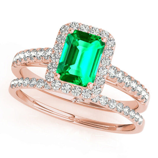 Original Maulijewels 0.85 Carat Emerald Cut Emerald And Diamond Bridal Set Ring in 10K Rose Gold