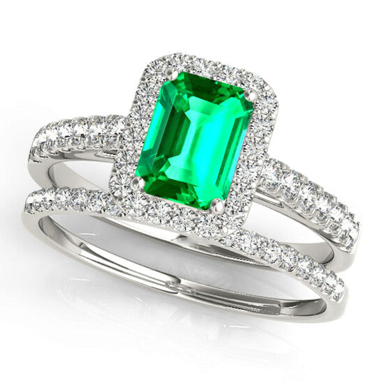 Original Maulijewels 0.85 Carat Emerald Cut Emerald And Diamond Bridal Set Ring in 10K White Gold