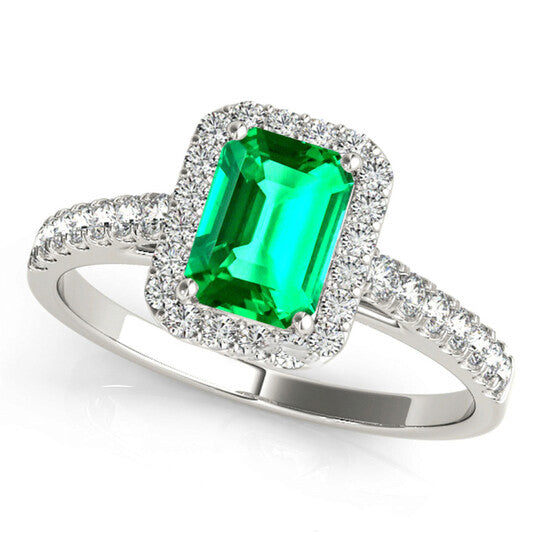 Original Maulijewels 0.85 Carat Emerald Cut Emerald And Diamond Bridal Set Ring in 10K White Gold