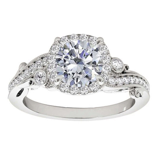 Original Maulijewels 1.00 Ct Natural Diamond Halo Engagement Ring In 14K Solid White Gold