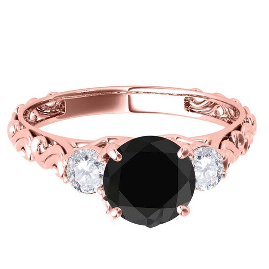 Original Maulijewels 1.05 Carat Black & White Diamond Three Stone Engagement Ring For Women In 18K Solid Rose Gold