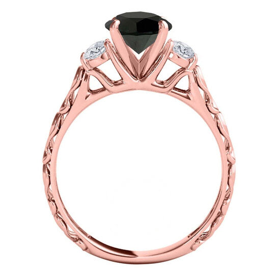 Original Maulijewels 1.05 Carat Black & White Diamond Three Stone Engagement Ring For Women In 18K Solid Rose Gold