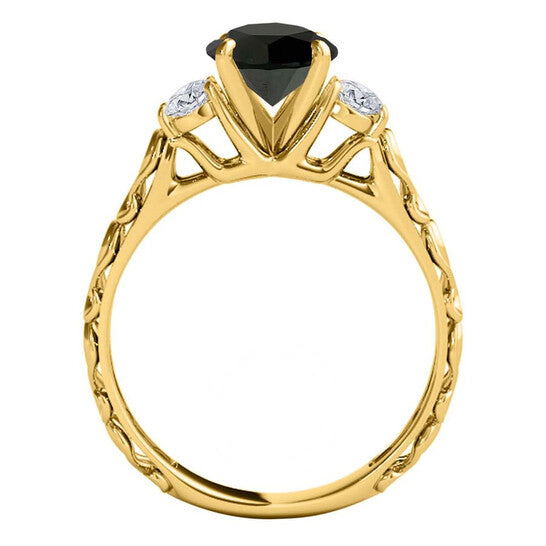 Original Maulijewels 1.05 Carat Black & White Diamond Three Stone Engagement Ring For Women In 18K Solid Yellow Gold