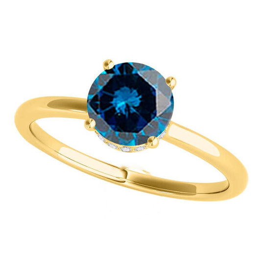 Original Maulijewels 1.06 Cttw Blue & White Diamond Solitaire Engagement Ring For Women In 18K Solid Yellow Gold