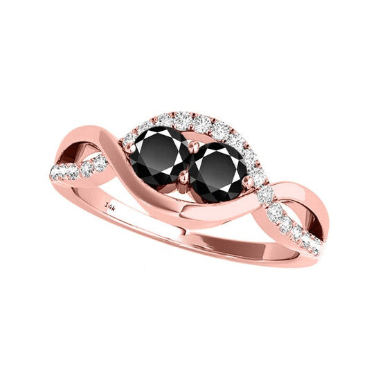 Original Maulijewels 1.25 Carat Black Two Stone & White Diamond Engagement Rings In 14K Solid Rose Gold