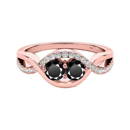 Original Maulijewels 1.25 Carat Black Two Stone & White Diamond Engagement Rings In 14K Solid Rose Gold