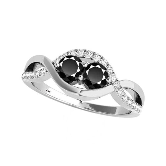 Original Maulijewels 1.25 Carat Black Two Stone & Yellow Diamond Engagement Rings In 14K Solid White Gold