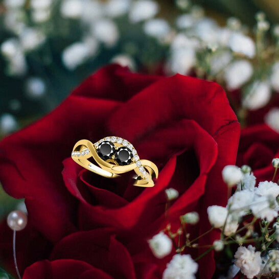 Original Maulijewels 1.25 Carat Black Two Stone & Yellow Diamond Engagement Rings In 14K Solid Yellow Gold