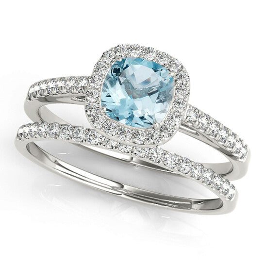 Original Maulijewels 1.25 Carat Cushion Cut Aquamarine And Diamond Bridal Set Ring in 10K White Gold