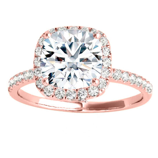 Original Maulijewels 14K Rose Gold 1.75 Carat Cushion Cut Moissanite Diamond ( G-H/ VS1 ) Halo Engagement Ring