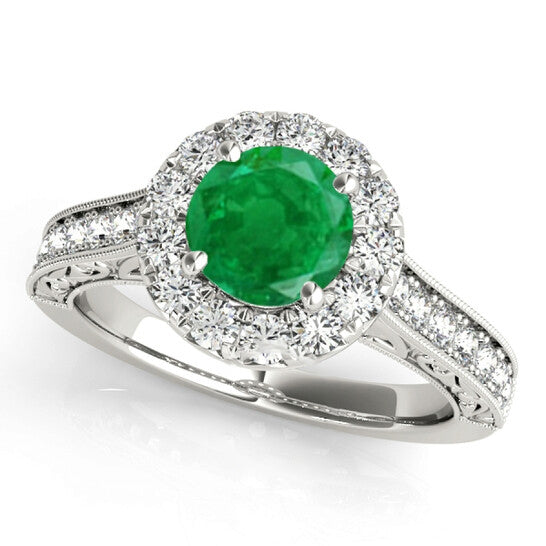 Original Maulijewels 14K White Gold Gemstone And Diamond Ring With 1.40 Carat Round Shape Emerald And Diamonds