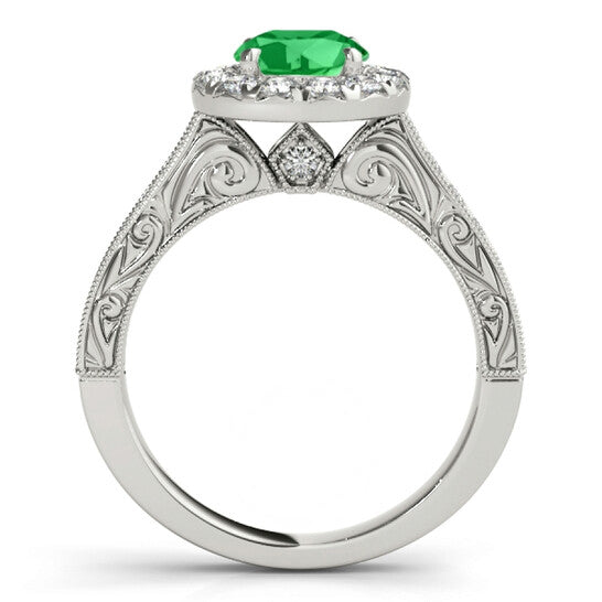 Original Maulijewels 14K White Gold Gemstone And Diamond Ring With 1.40 Carat Round Shape Emerald And Diamonds