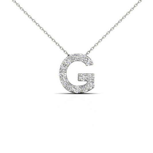 Original Maulijewels 14K White Gold Initial " G " Set With 0.13 Carat Natural Round White Diamond Comes With 18" Gold Cable Chain