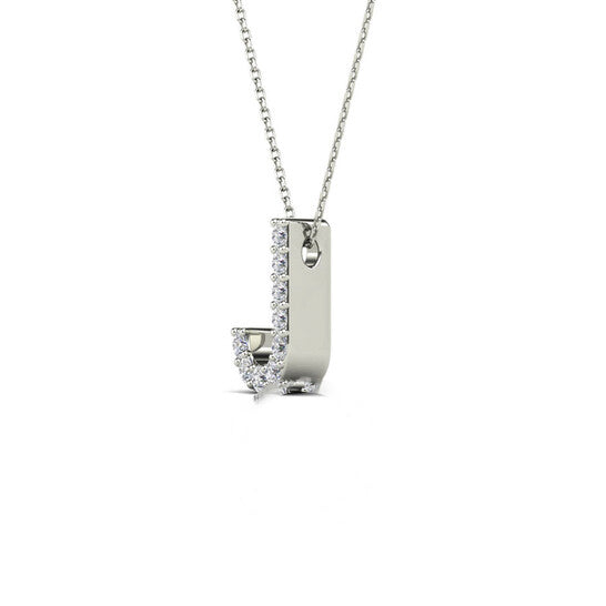 Original Maulijewels 14K White Gold Initial " J " 0.09 Carat Natural Round White Diamond Pendant Necklace With 18" Cable Chain