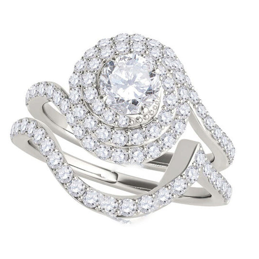 Original Maulijewels 1.50 Carat Natural Diamond Halo Bridal Set Engagement Rings In 14K White Gold Ring