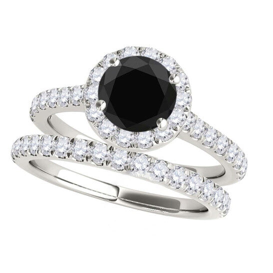 Original Maulijewels 1.60 Carat Black & Halo White Diamond Bridal Set Engagement Ring For Women In 18K Solid White Gold