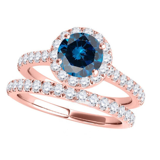 Original Maulijewels 1.60 Carat Blue & White Halo Diamond Bridal Set Engagement Ring For Women In 18K Solid Rose Gold