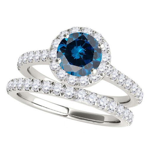 Original Maulijewels 1.60 Carat Blue & White Halo Diamond Bridal Set Engagement Ring For Women In 18K Solid White Gold