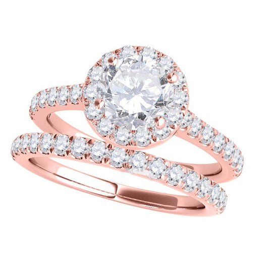 Original Maulijewels 18K Rose Gold 1.60 Carat Natural Halo Diamond Bridal Set Engagement Ring For Womens