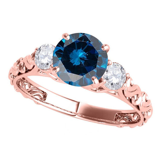 Original Maulijewels 18K Solid Rose Gold 1.05 Carat Blue & White Diamond Three Stone Engagement Ring For Women