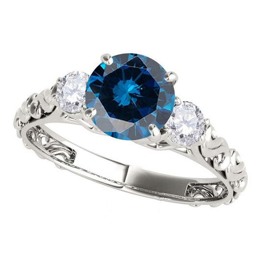 Original Maulijewels 18K Solid White Gold 1.05 Carat Blue & White Diamond Three Stone Engagement Ring For Women