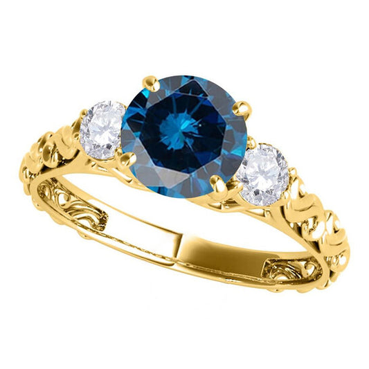 Original Maulijewels 18K Solid Yellow Gold 1.05 Carat Blue & White Diamond Three Stone Engagement Ring For Women