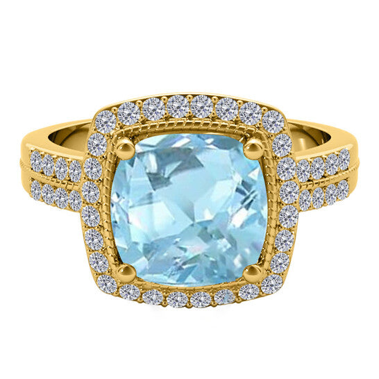 Original Maulijewels 2.50 Carat Diamond And Cushion Cut Natural Aquamarine Gemstone Ring In 14K Solid Yellow Gold