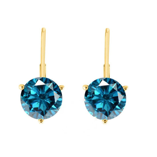 Original Maulijewels Blue 2.00 Carat Natural Diamond Three Prong Set Martini Leverback Women's Earrings In 14K Solid Yellow Gold