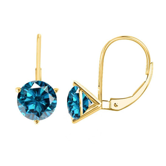 Original Maulijewels Blue 2.00 Carat Natural Diamond Three Prong Set Martini Leverback Women's Earrings In 14K Solid Yellow Gold