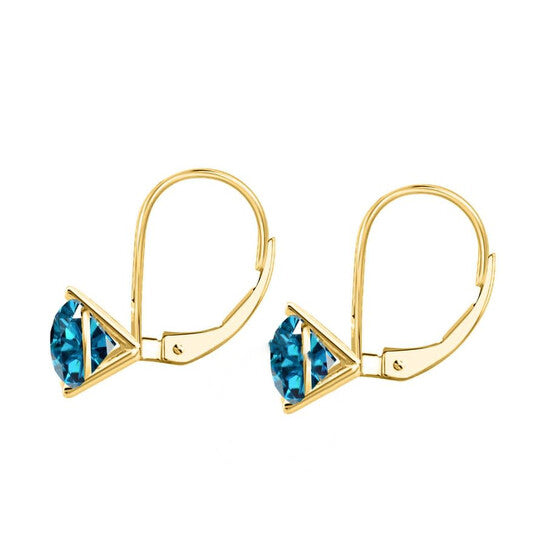 Original Maulijewels Blue 2.00 Carat Natural Diamond Three Prong Set Martini Leverback Women's Earrings In 14K Solid Yellow Gold