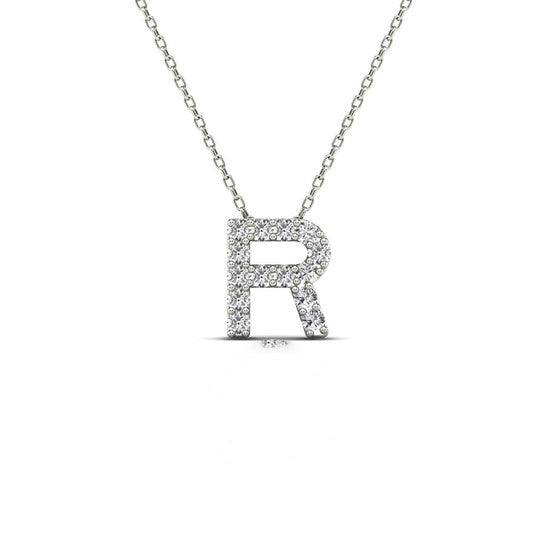 Original Maulijewels " R " Initial Set With 0.12 Carat Natural Diamond Pendant Necklace Comes With 18" Cable Chain In 14K Solid White Gold