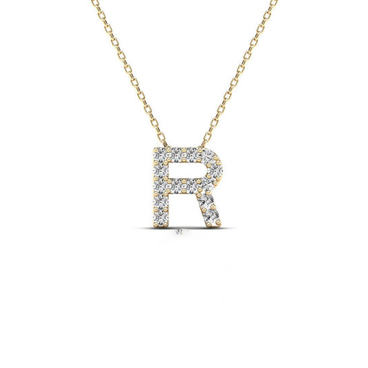 Original Maulijewels " R " Initial Set With 0.12 Carat Natural Diamond Pendant Necklace Comes With 18" Cable Chain In 14K Solid Yellow Gold