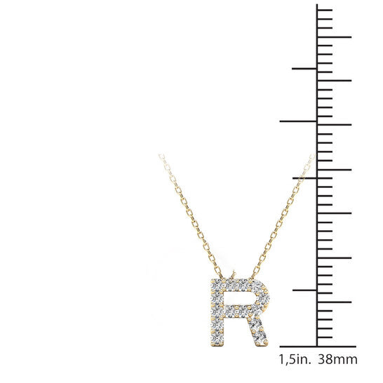 Original Maulijewels " R " Initial Set With 0.12 Carat Natural Diamond Pendant Necklace Comes With 18" Cable Chain In 14K Solid Yellow Gold