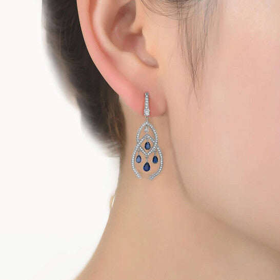 Original Megan Walford .925 Sterling Silver Sapphire CZ Double Teardrop Chandelier Earrings