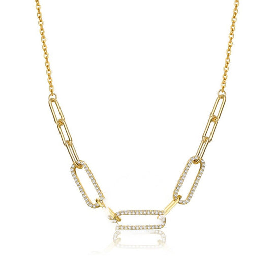 Original Megan Walford Sterling Silver 14k Yellow Gold Plated with Cubic Zirconia Elongated Cable Link Chain Necklace