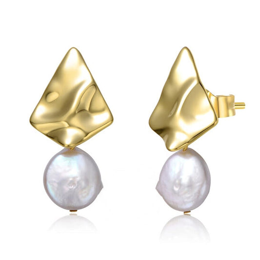 Original Megan Walford Sterling Silver 14k Yellow Gold Plated with White Coin Pearl Drop Geometric Rippled 3D Double Dangle Earrings