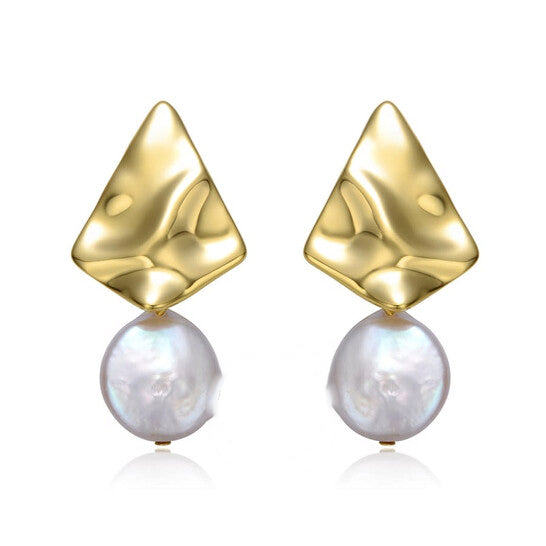 Original Megan Walford Sterling Silver 14k Yellow Gold Plated with White Coin Pearl Drop Geometric Rippled 3D Double Dangle Earrings