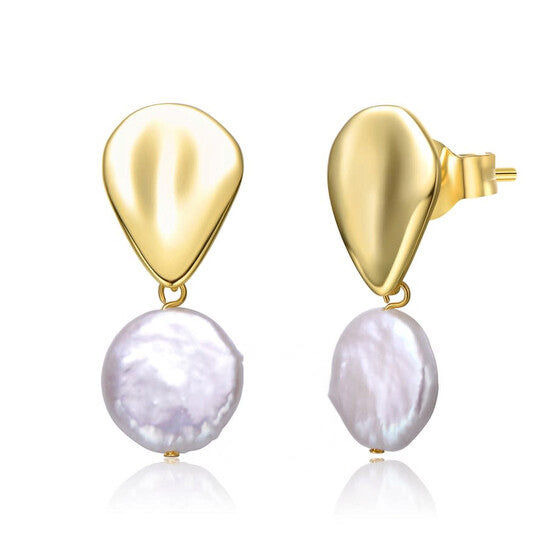 Original Megan Walford Sterling Silver 14k Yellow Gold Plated with White Coin Pearl Raindrop Double Dangle Drop Earrings