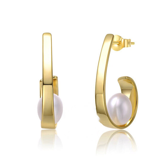 Original Megan Walford Sterling Silver 14k Yellow Gold Plated with White Pearl Ribbon Half-Hoop Drop Earrings