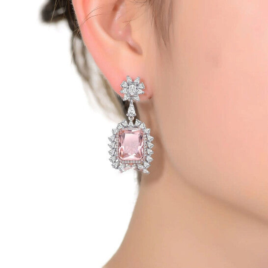 Original Megan Walford Sterling Silver Morganite and Clear Cubic Zirconia Halo Drop Earrings